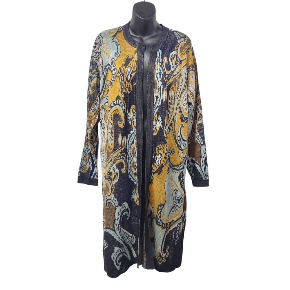 Belldini Size XL Long Open Front Knit Duster Cardigan Paisley Print Multicolor